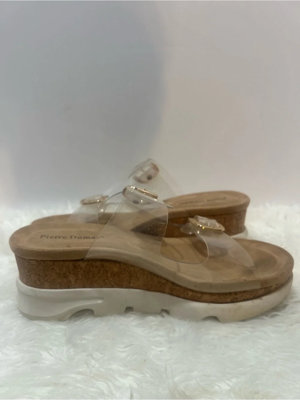 Pierre Dumas Clear Wedge Slide Sandals with Gold Buckles 8